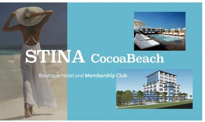 Image advertisement for STINA CocoaBeach, a boutique hotel and membership club, featuring a woman in a white dress on the beach, a poolside lounging area, and a multi-story hotel building.