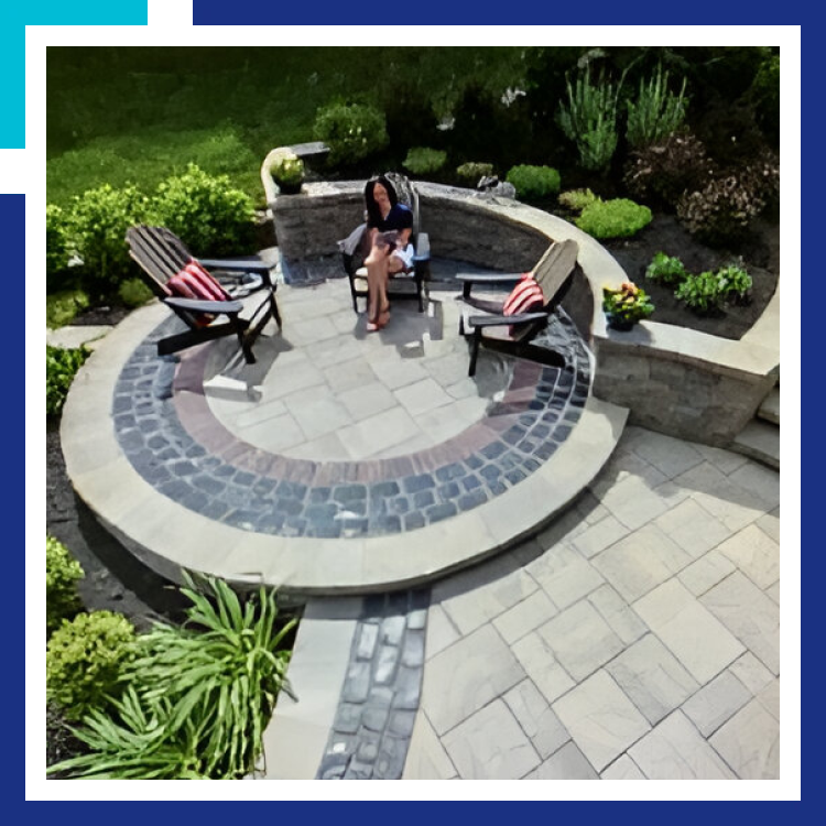 A patio with chairs and a bench in the middle of it.