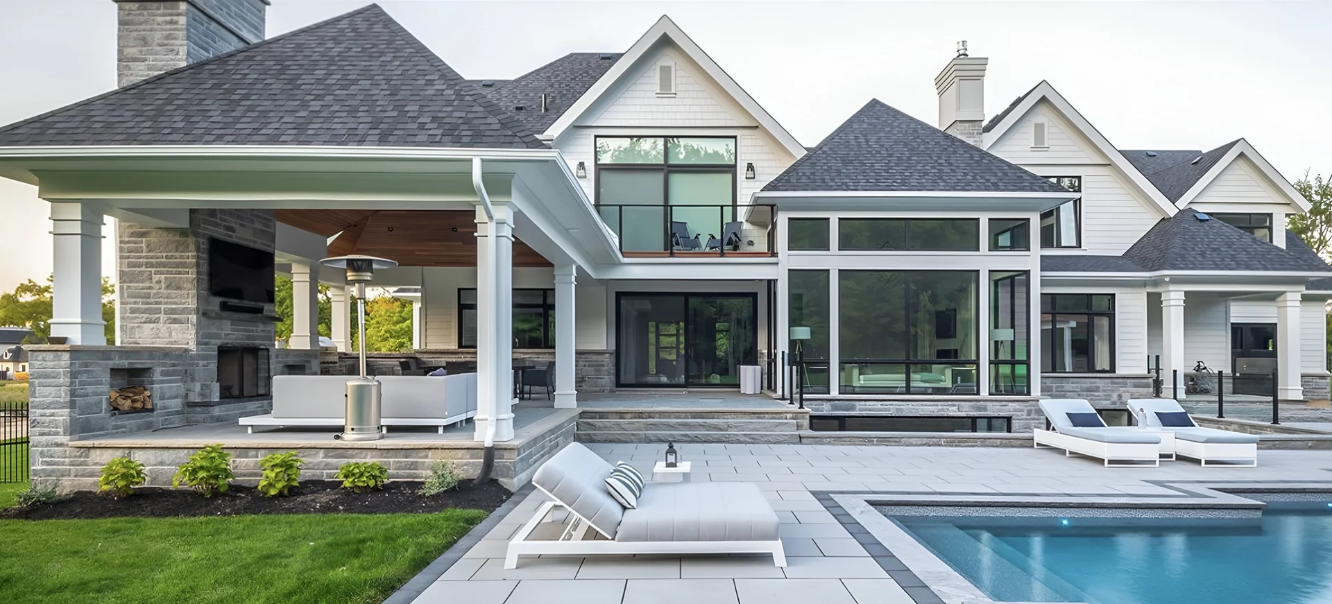 Luxury modern home with large windows, outdoor covered patio with seating, and a spacious pool area with lounge chairs in the foreground. The house features multiple gables and a neat lawn.