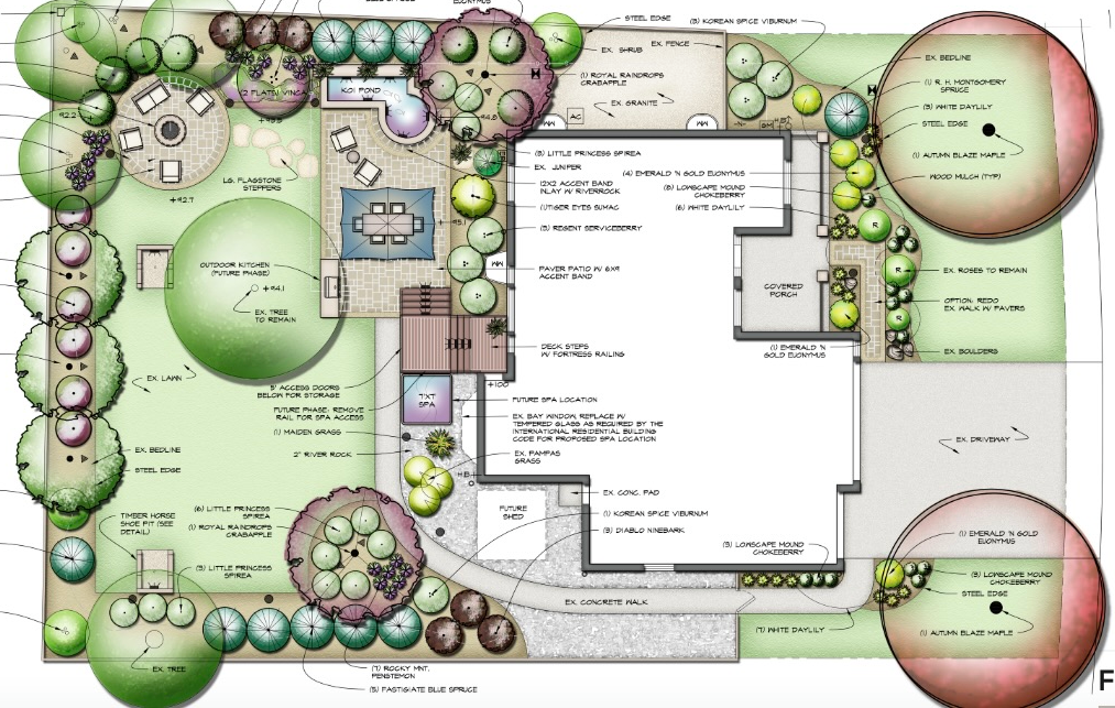 A plan of the garden with lots of trees and shrubs.