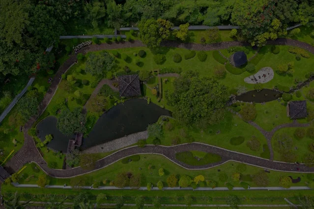 A bird 's eye view of a park with trees and water.