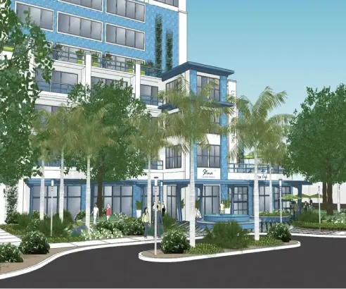 A rendering of the exterior of an apartment building.