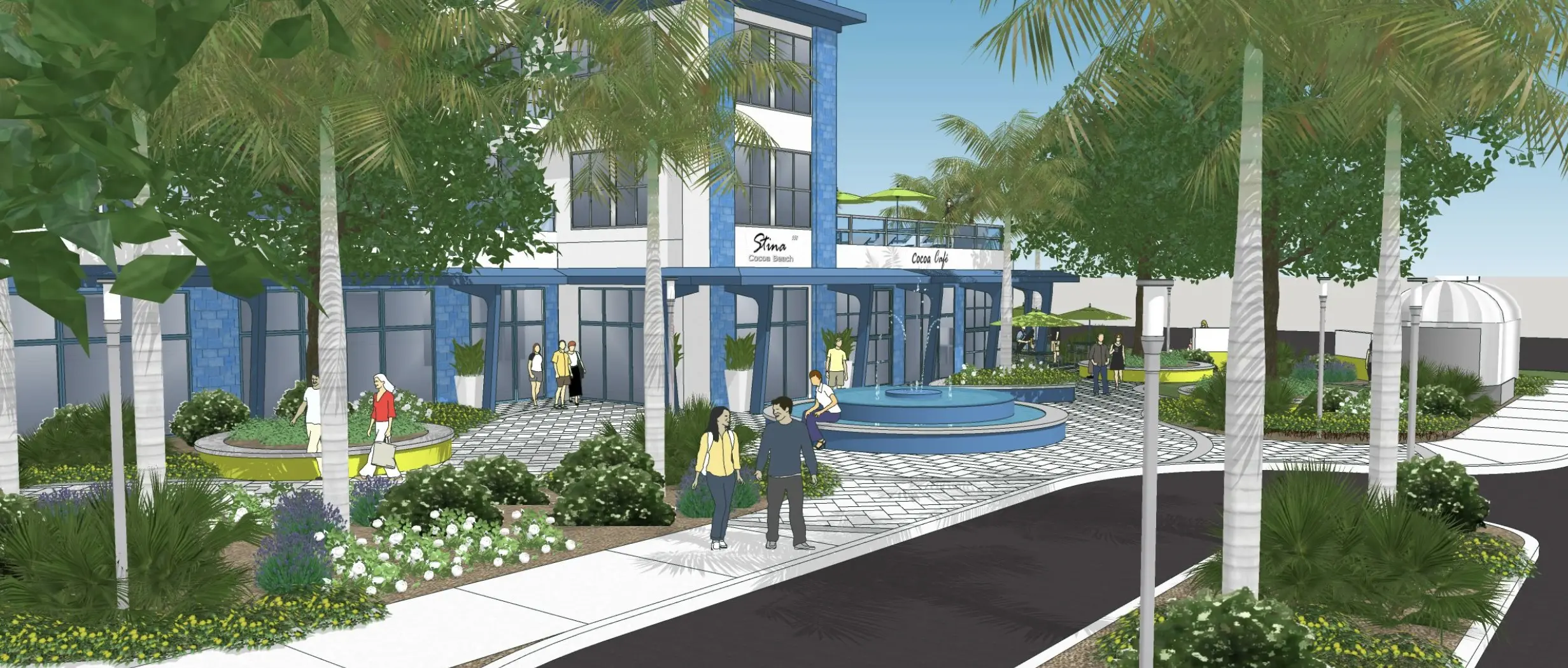 A rendering of the entrance to a building with people walking around.