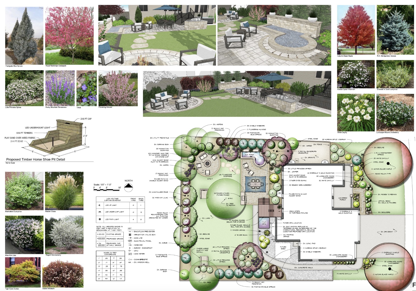 A collage of images with landscaping plans and photos.