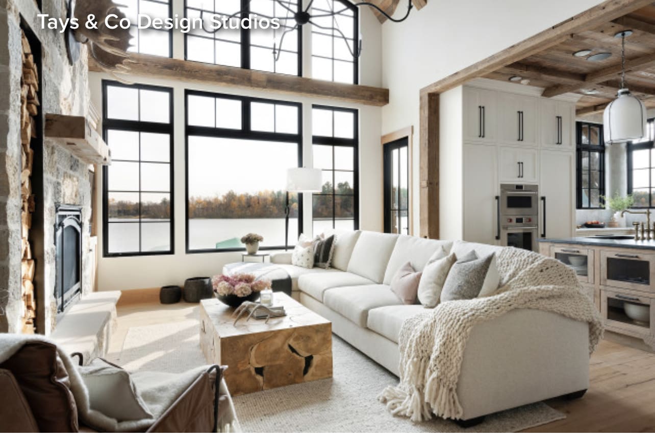 Modern living room with lake view.