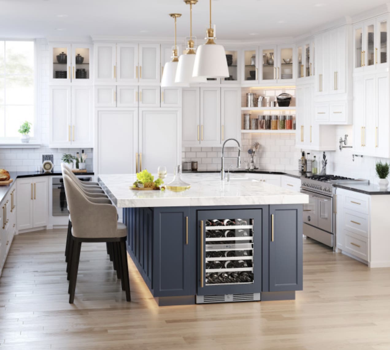 Modern kitchen island with wine cooler.