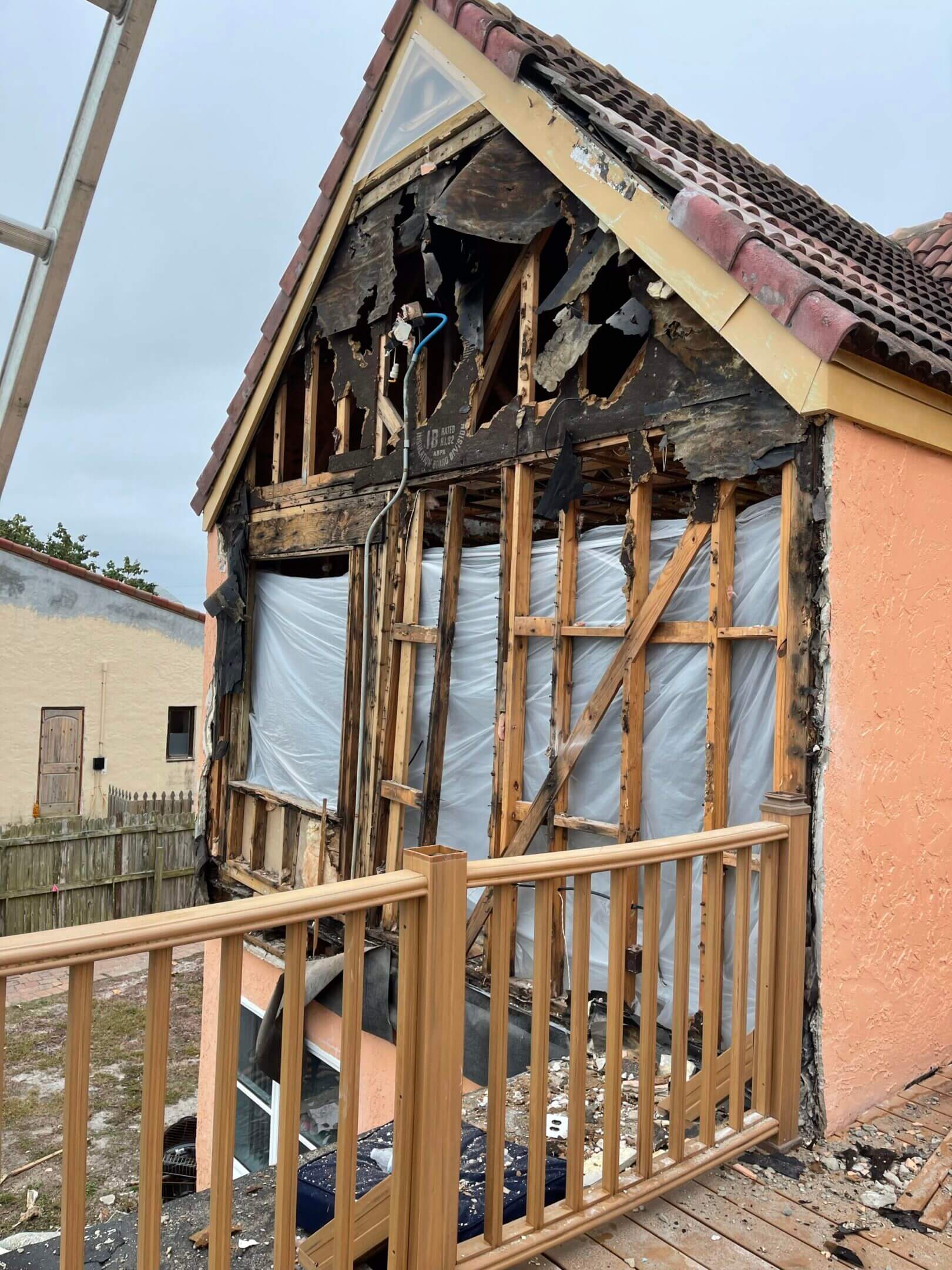 Fire-damaged house under renovation.