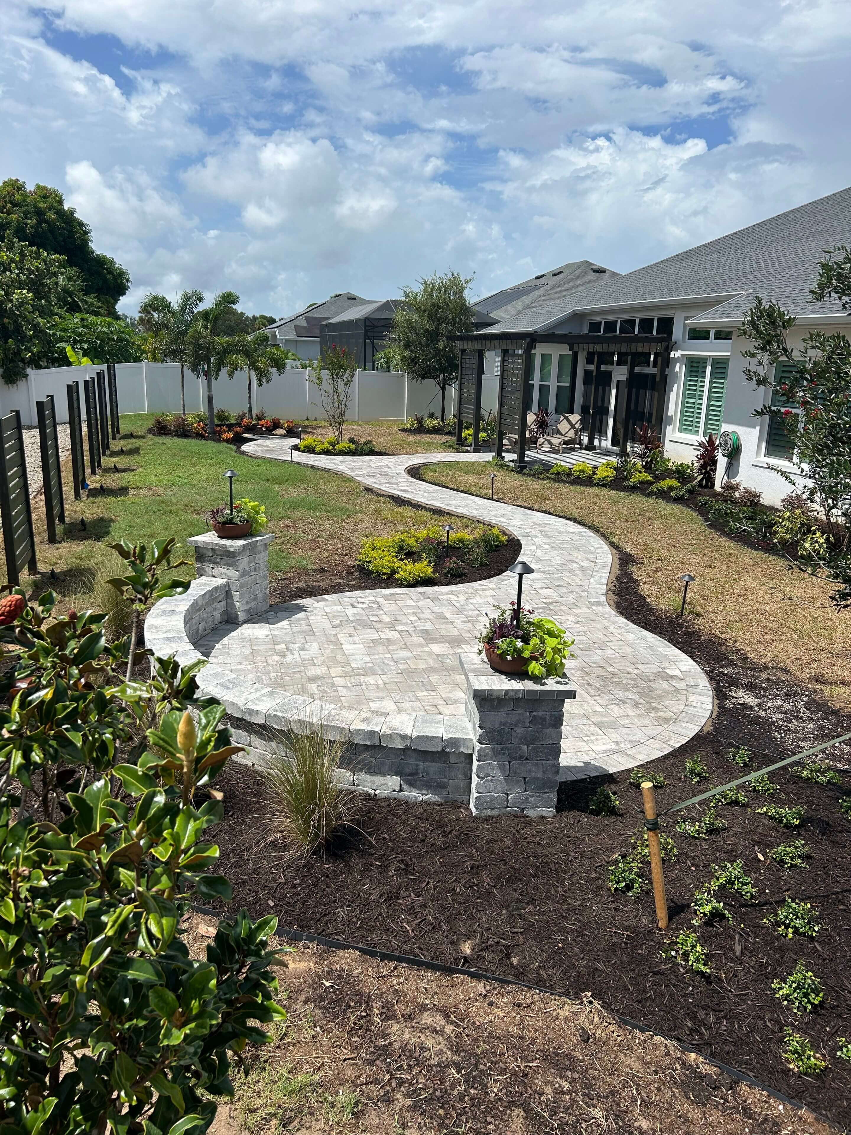 Curving stone pathway in backyard.