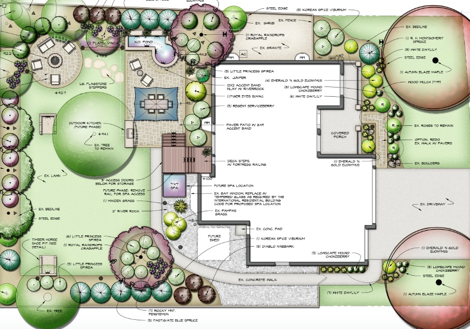 A plan of the garden with lots of trees and shrubs.